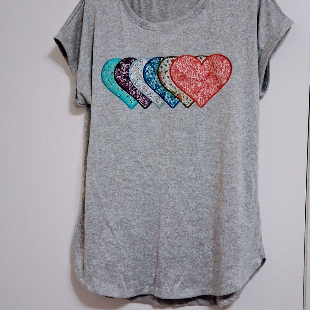 Gray T-Shirt with Colorful Heart Design